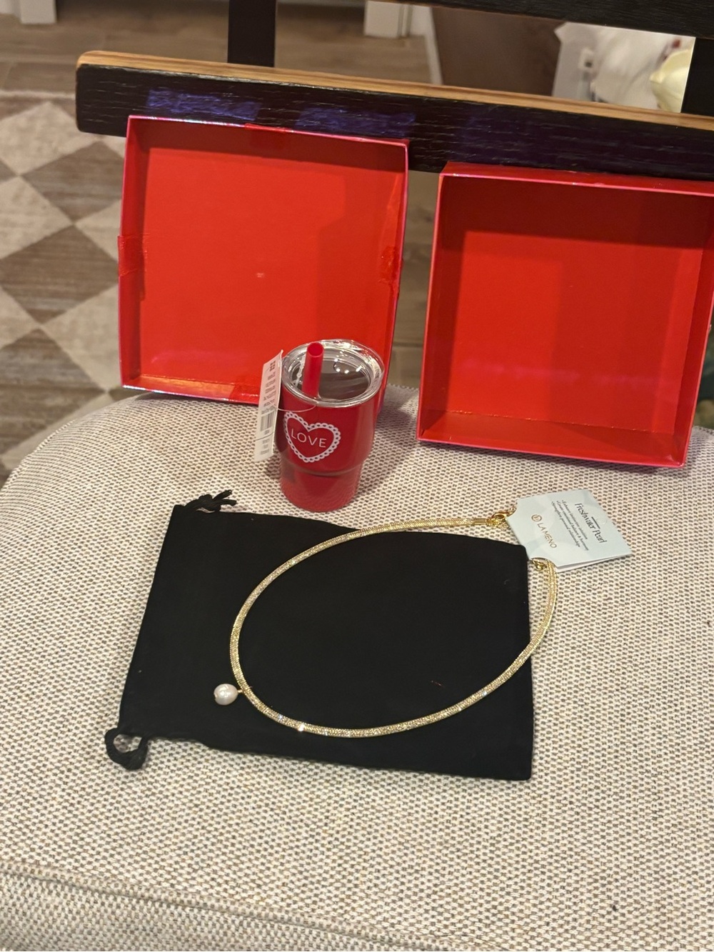 Gold Tone fresh water Pearl Pendant Collar Necklace and love mini thermos NWT